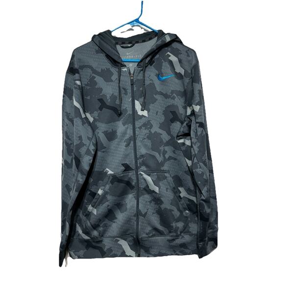 Nike Camo Hoodie Mens Gray Court Therma Fit Training Hoodie Blue Swoosh Logo Lg - Picture 1 of 7